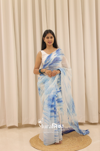 Neel Blue Hand Dyed Shibori Bandhej Chiffon Saree