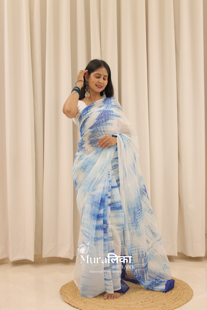 Neel Blue Hand Dyed Shibori Bandhej Chiffon Saree