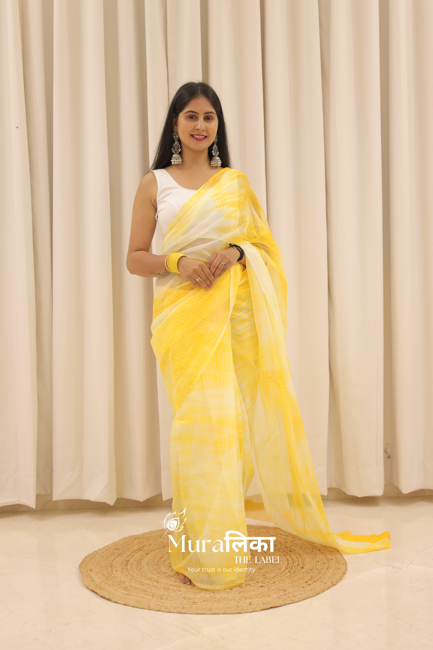 Haldi Yellow Hand Dyed Shibori Bandhej Chiffon Saree