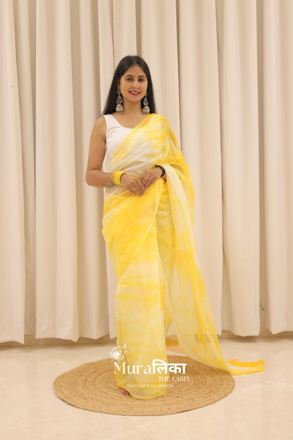 Haldi Yellow Hand Dyed Shibori Bandhej Chiffon Saree