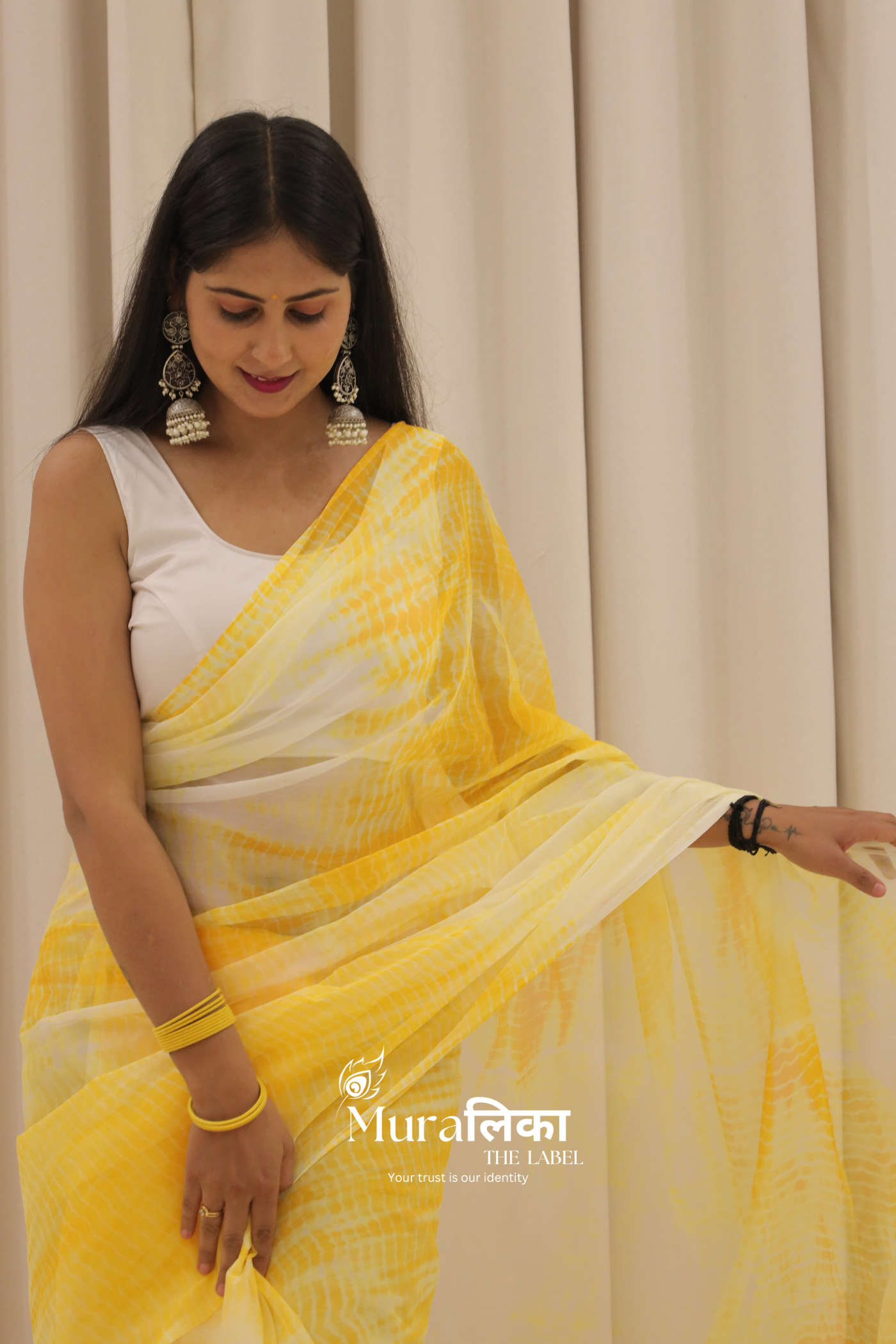Haldi Yellow Hand Dyed Shibori Bandhej Chiffon Saree