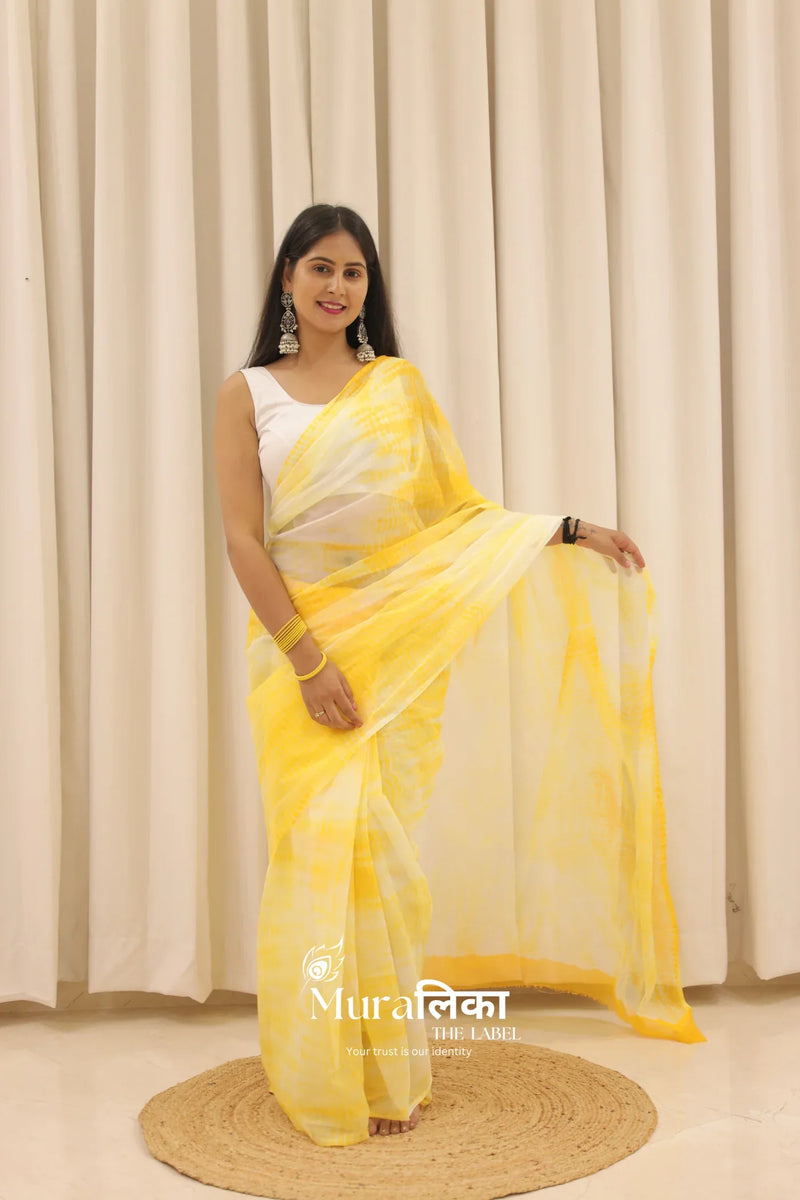 Haldi Yellow Hand Dyed Shibori Bandhej Chiffon Saree - Muralika the label