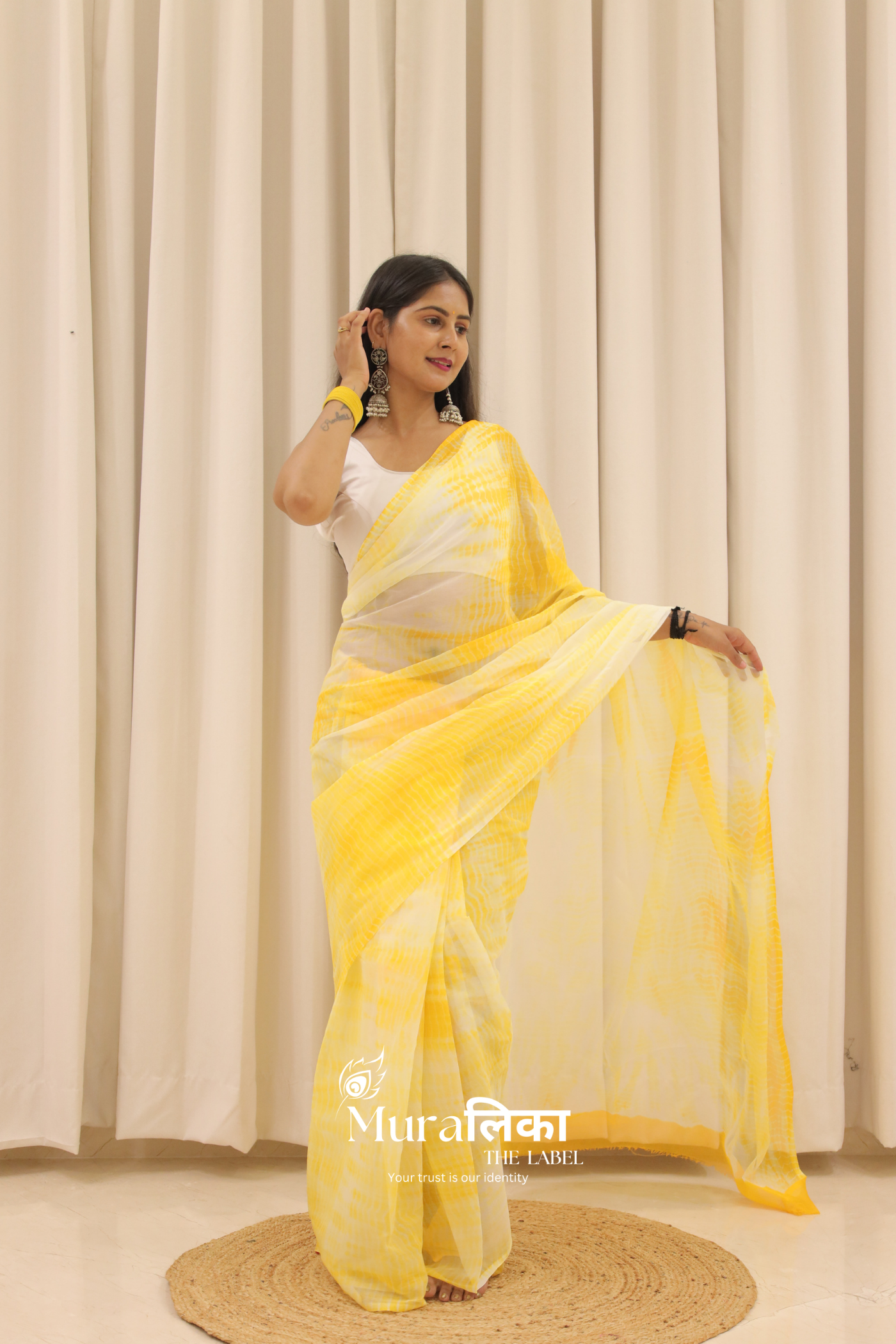 Haldi Yellow Hand Dyed Shibori Bandhej Chiffon Saree