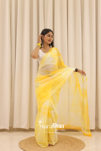 Haldi Yellow Hand Dyed Shibori Bandhej Chiffon Saree