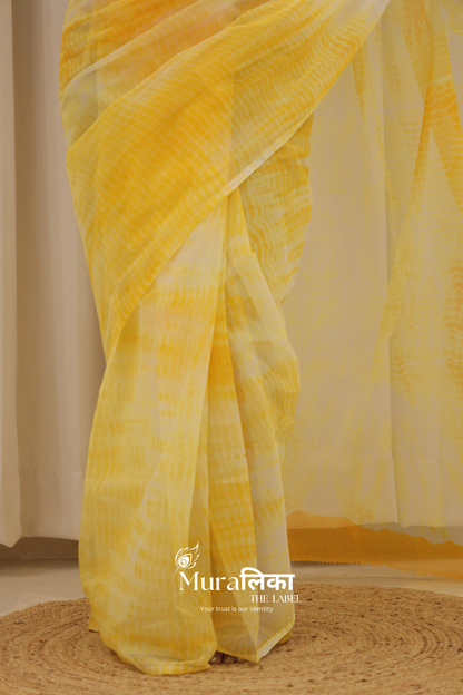 Haldi Yellow Hand Dyed Shibori Bandhej Chiffon Saree