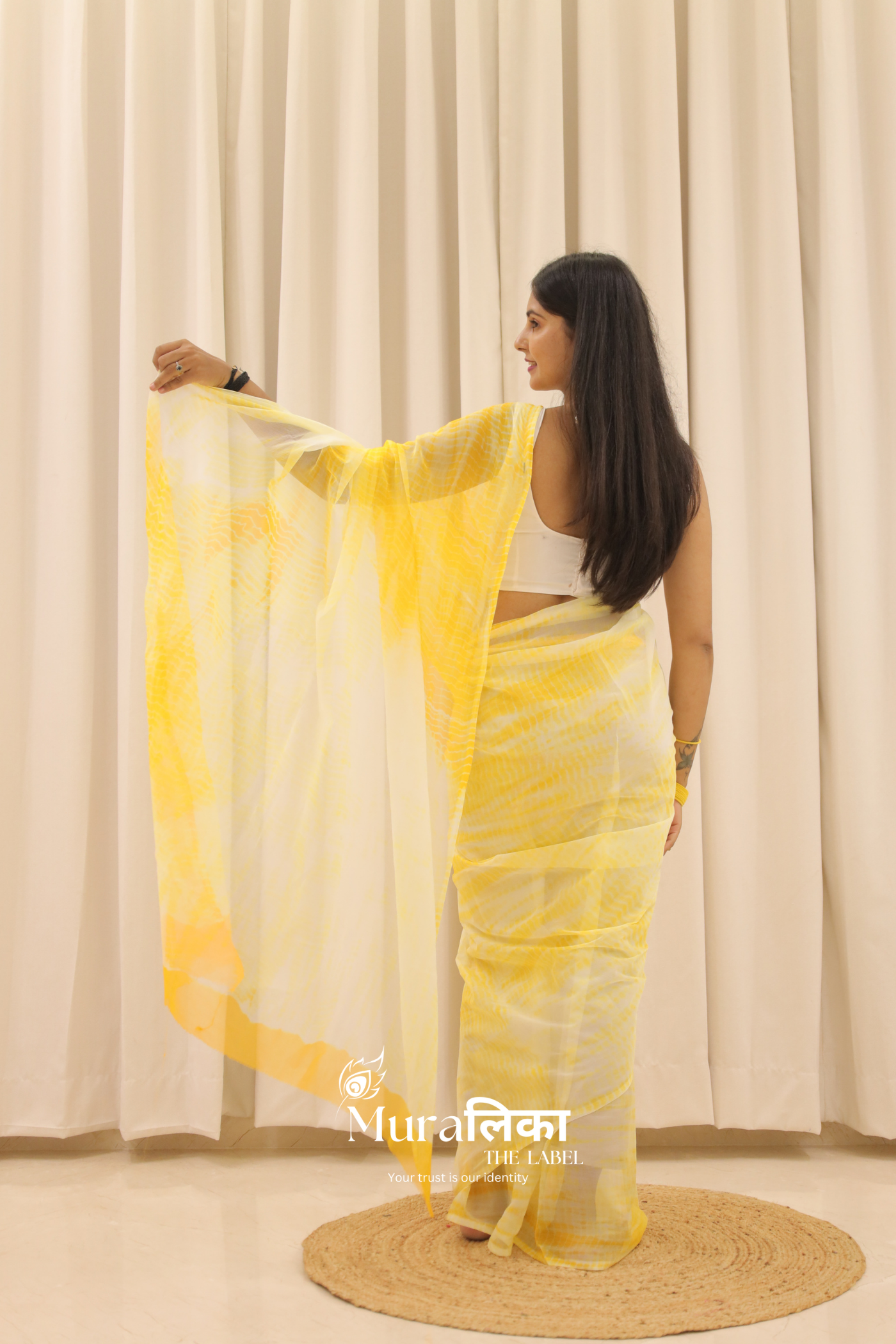Haldi Yellow Hand Dyed Shibori Bandhej Chiffon Saree