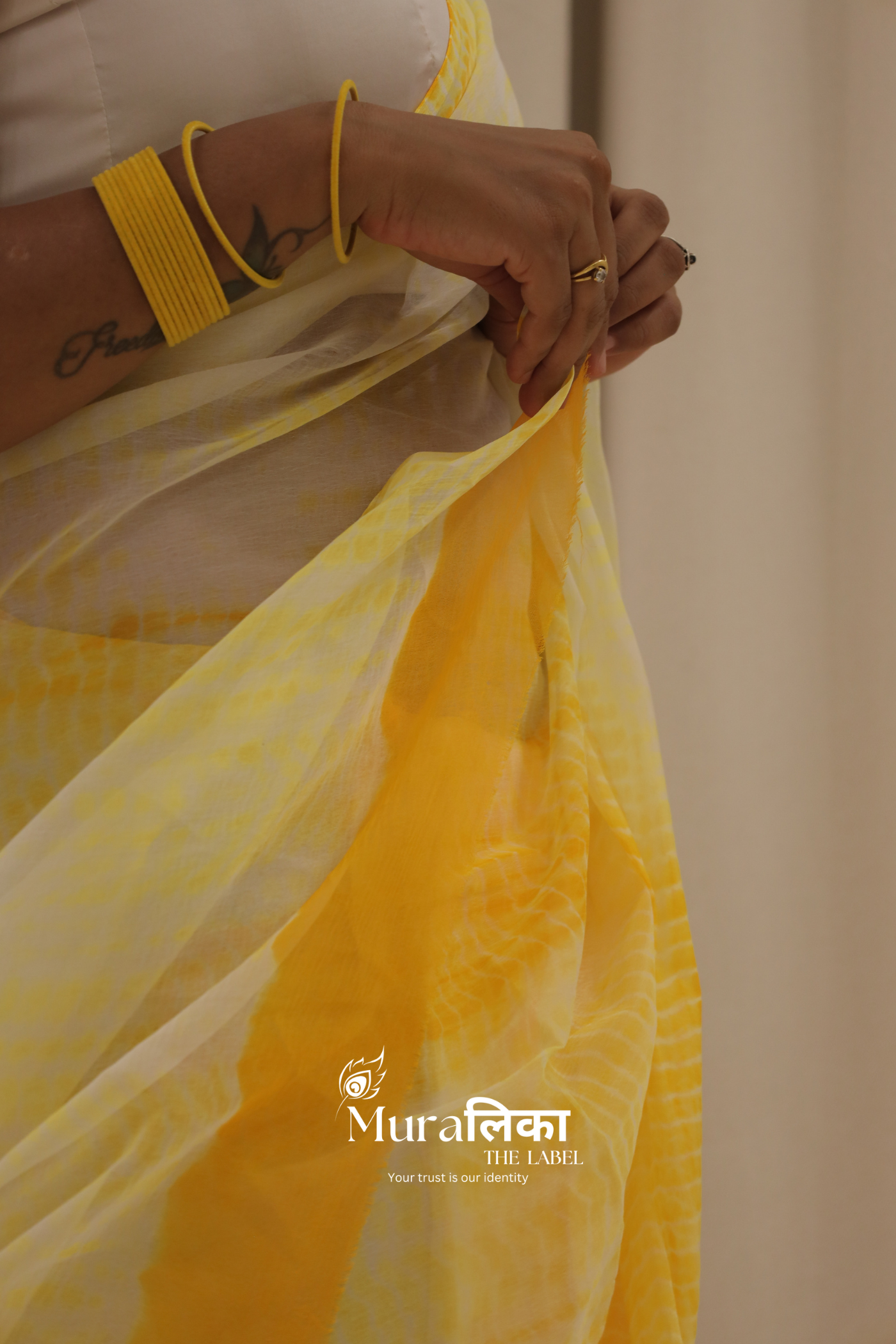 Haldi Yellow Hand Dyed Shibori Bandhej Chiffon Saree