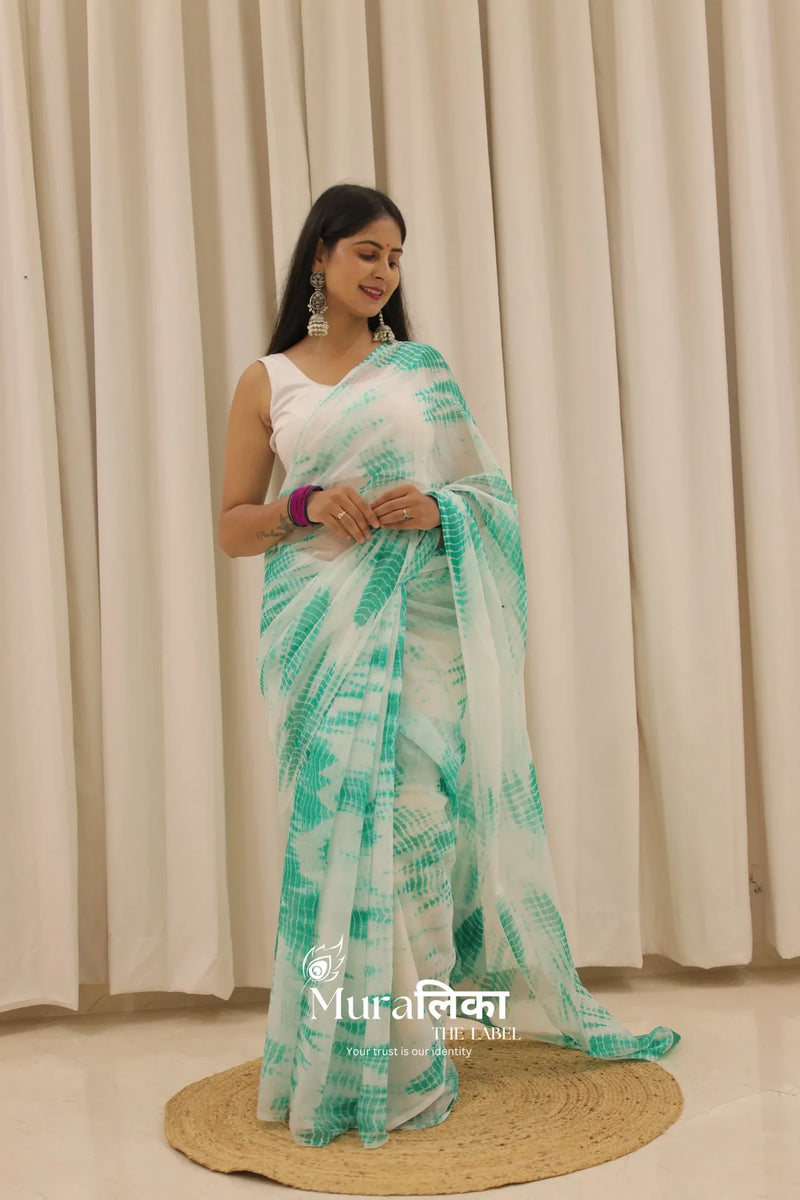 Aqua Blue Hand Dyed Shibori Bandhej Chiffon Saree - Muralika the label