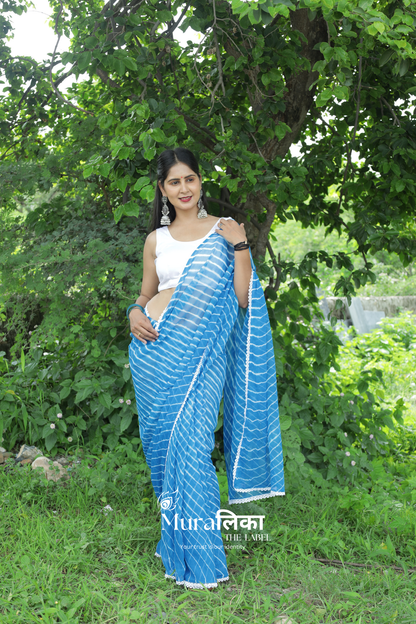 Aasmani Blue Hand dyed Chiffon Leheriya Saree