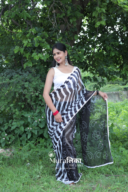 Shyam Black Hand dyed Bandhej Leheriya Saree with Lace border