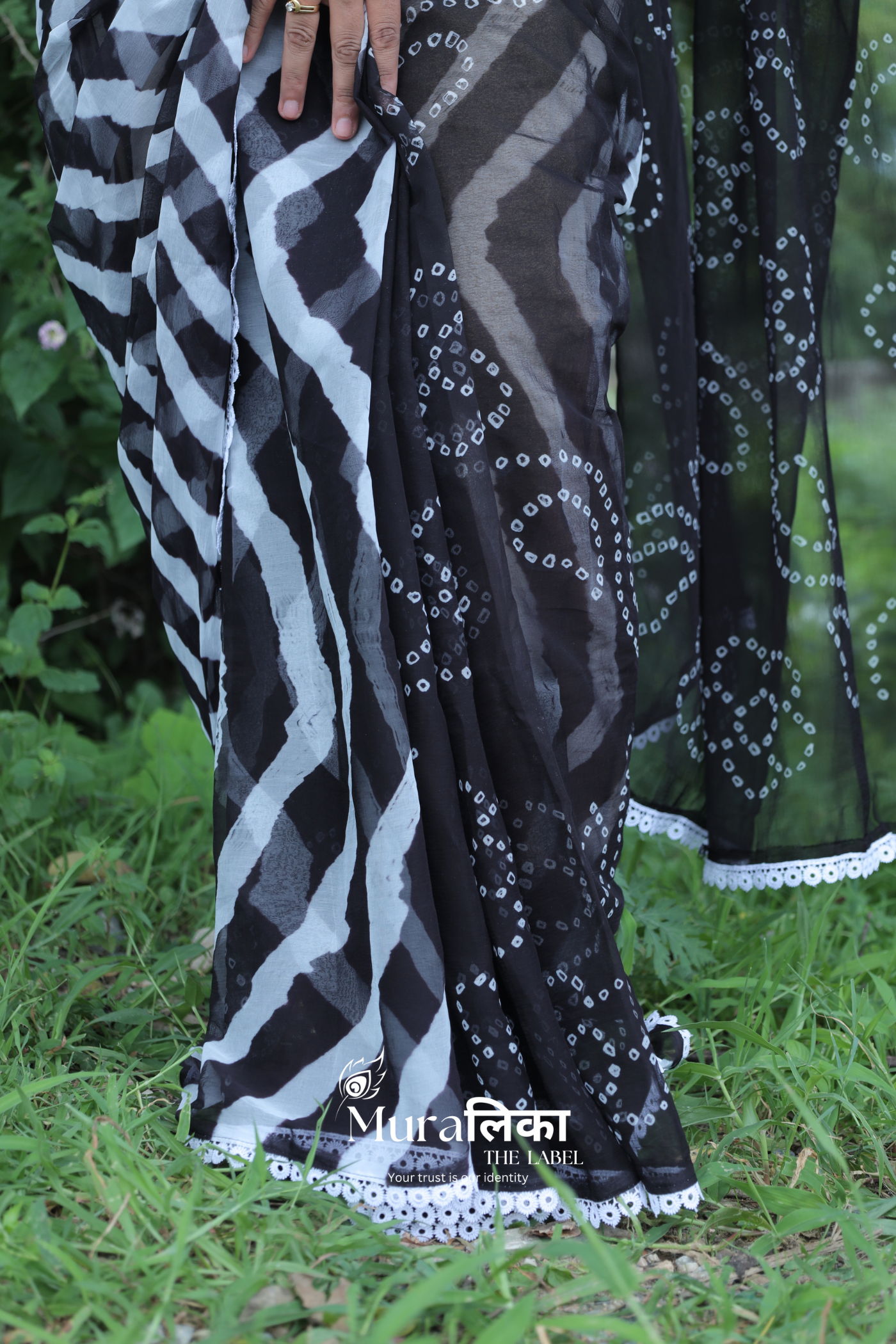 Shyam Black Hand dyed Bandhej Leheriya Saree with Lace border