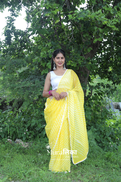 Nimbu Yellow Hand Dyed Chiffon Leheriya Saree