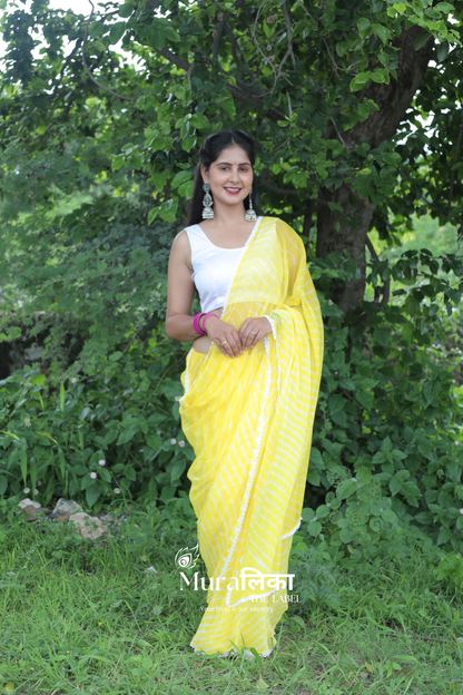 Nimbu Yellow Hand Dyed Chiffon Leheriya Saree