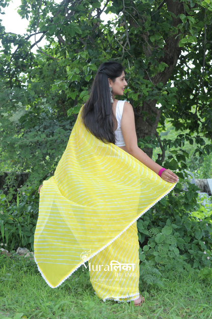 Nimbu Yellow Hand Dyed Chiffon Leheriya Saree