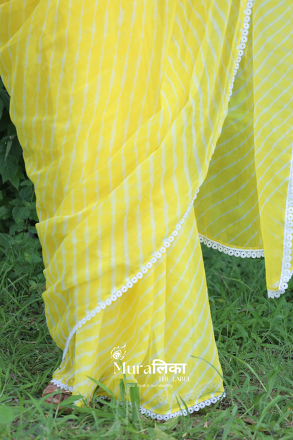 Nimbu Yellow Hand Dyed Chiffon Leheriya Saree