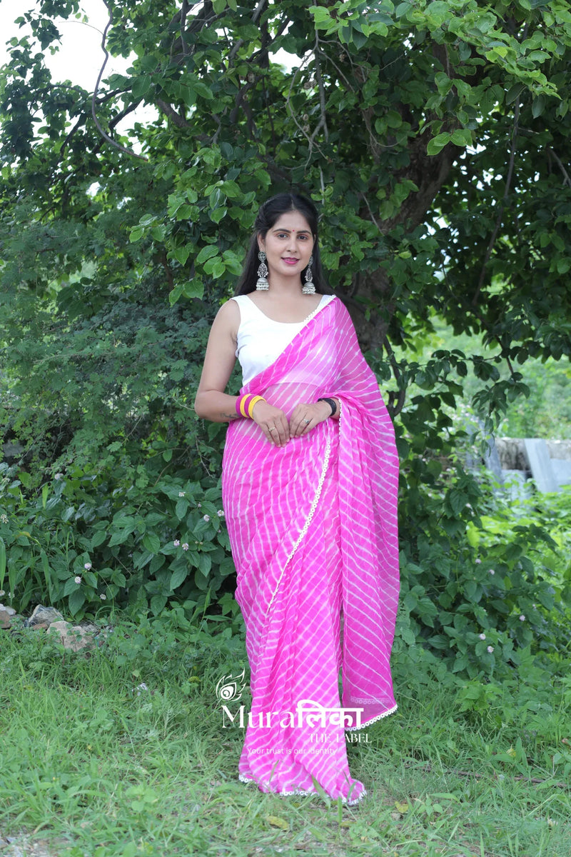 Hand-dyed Gulabi chiffon Leheriya saree by Muralika the Label, featuring vibrant pink and blue traditional Indian fabric.
