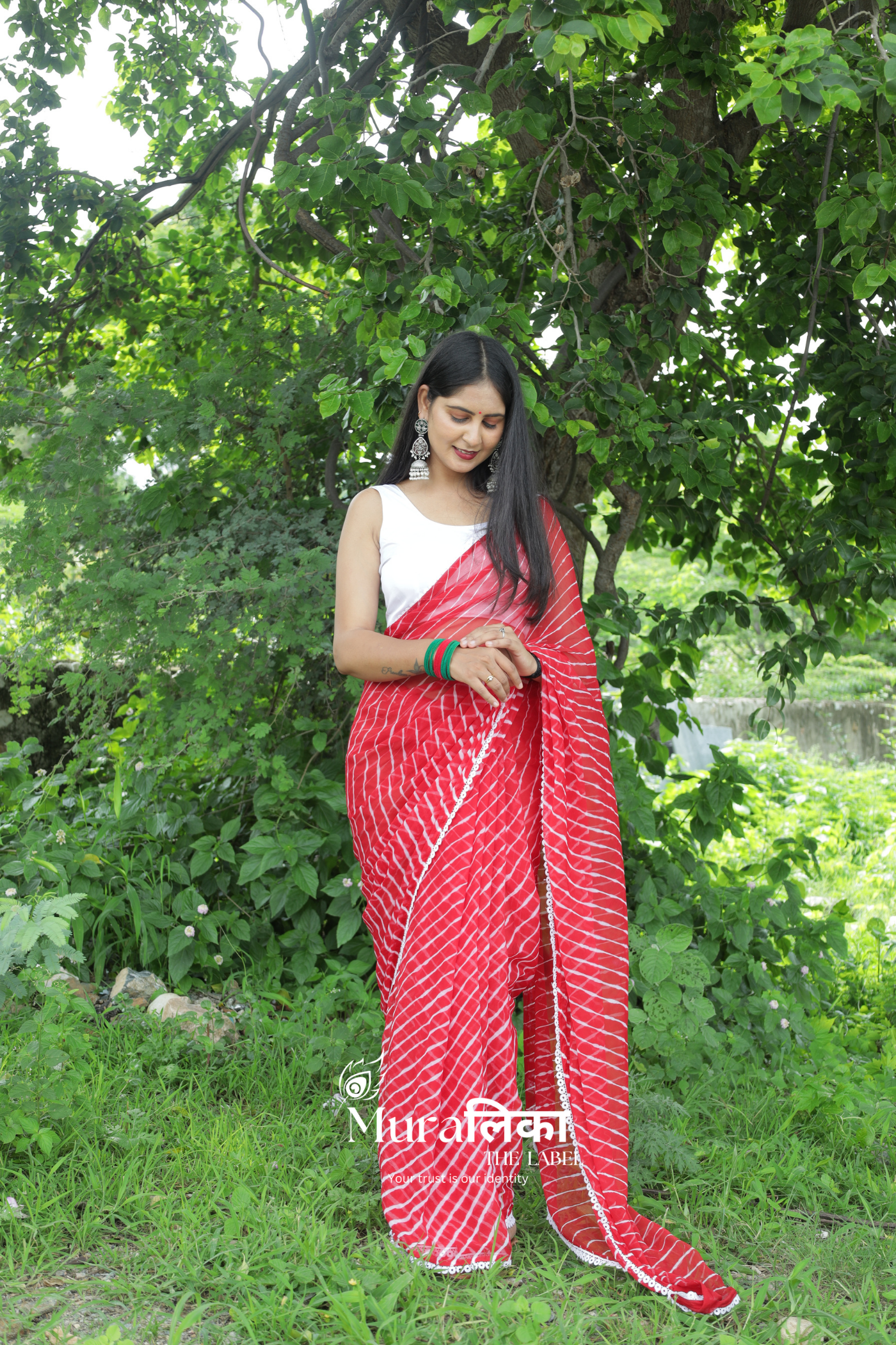 Chilli Red Hand dyed Chiffon Leheriya Saree with Lace border