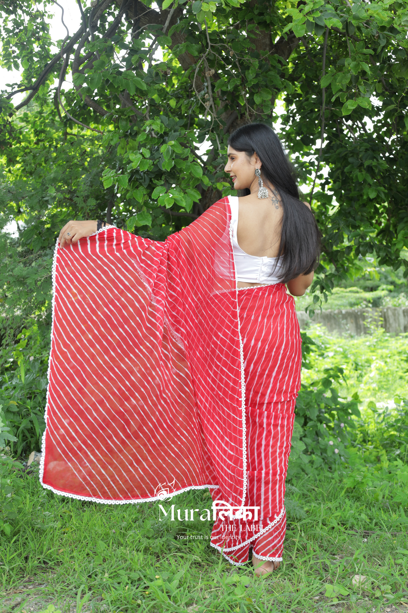 Chilli Red Hand dyed Chiffon Leheriya Saree with Lace border