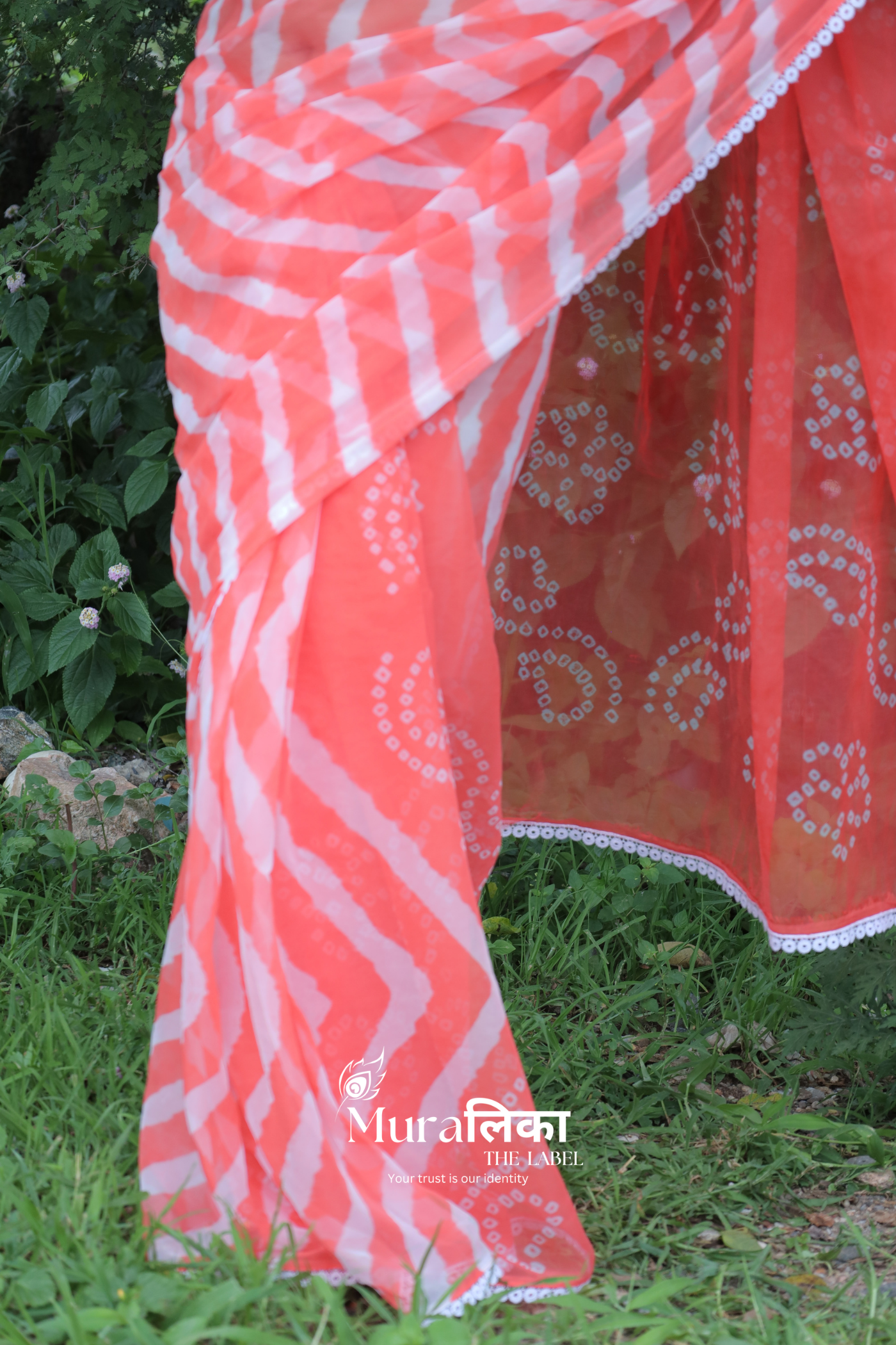 English Peach Hand Dyed Chiffon Leheriya Bandhej Saree with Lace Border