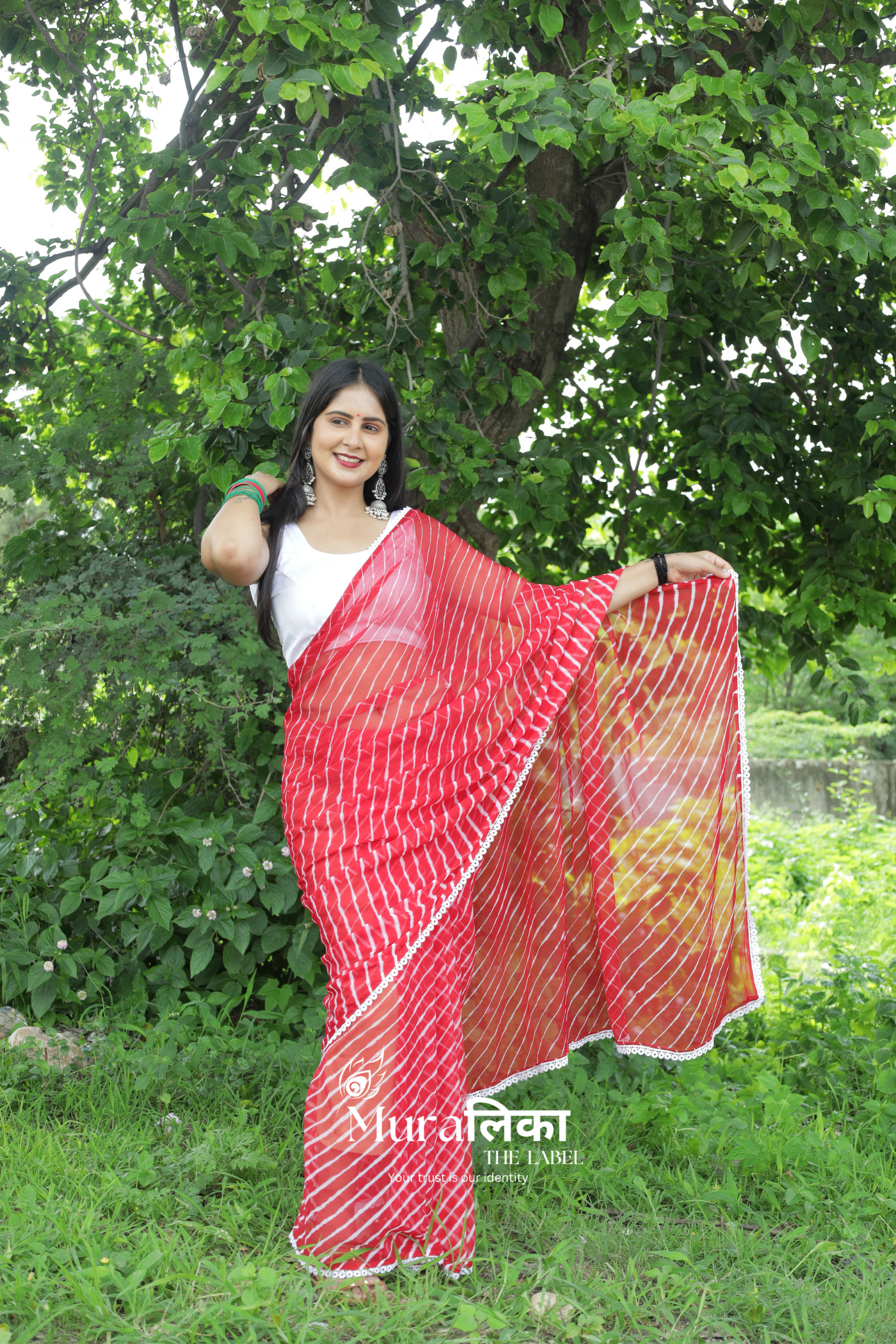 Chilli Red Hand dyed Chiffon Leheriya Saree with Lace border