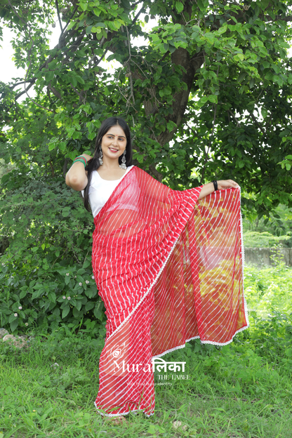 Chilli Red Hand dyed Chiffon Leheriya Saree with Lace border
