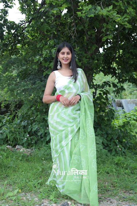 Hariyali Green Leheriya Bandhej Chiffon Saree — worn and draped, front view