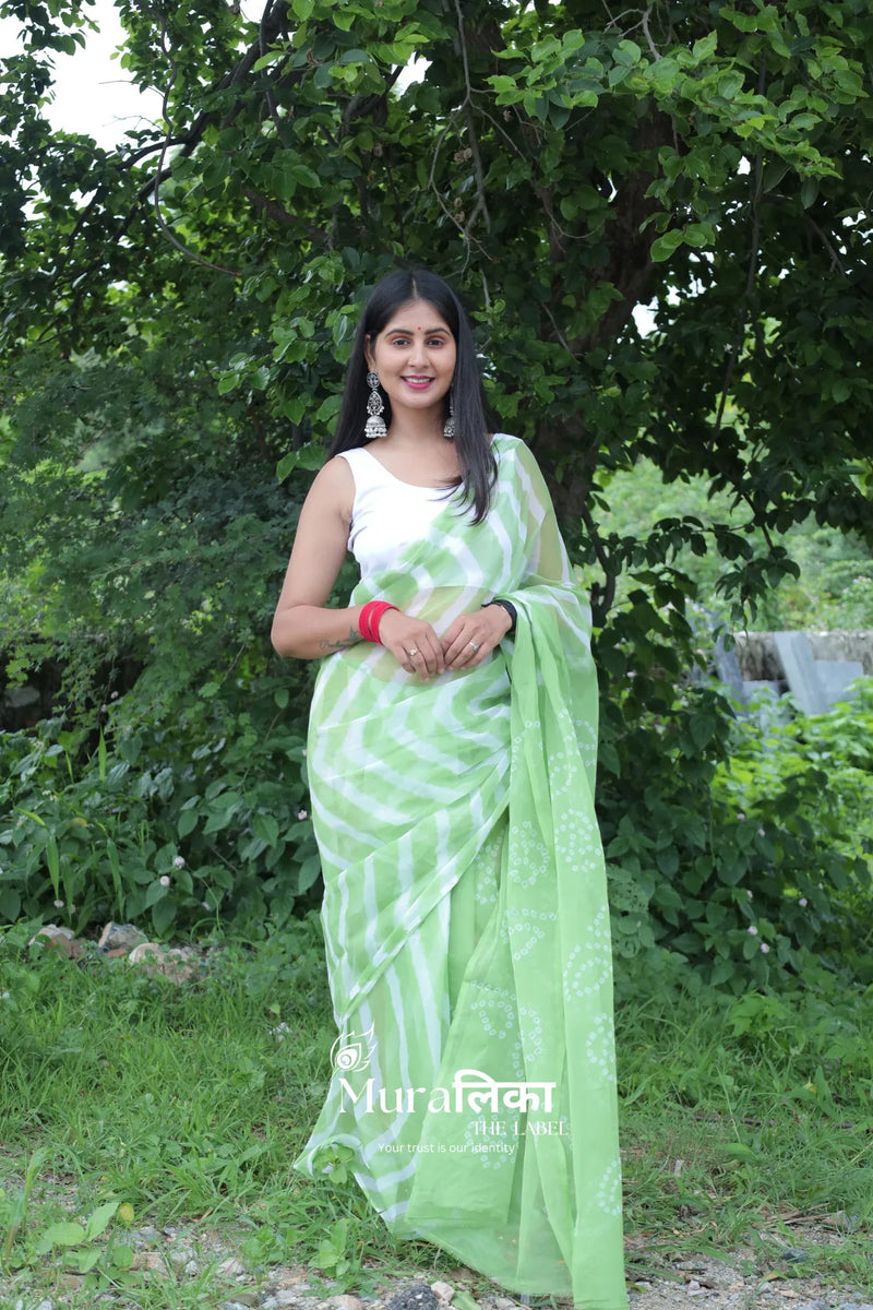 Hariyali Green Hand Dyed Leheriya Bandhej Chiffon Saree