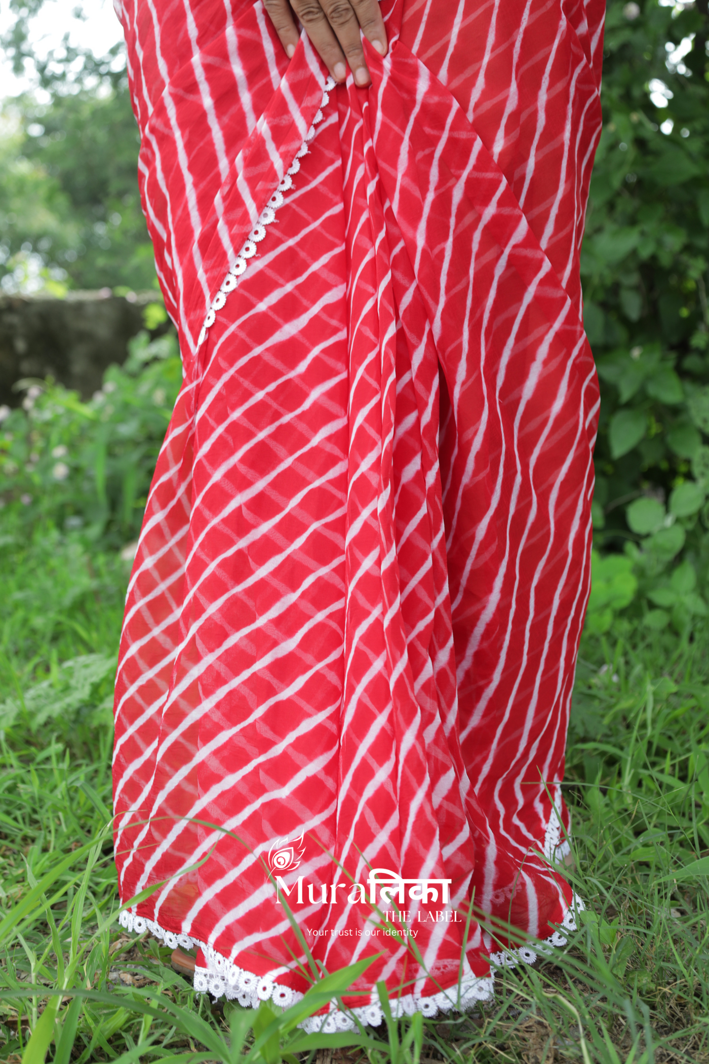 Chilli Red Hand dyed Chiffon Leheriya Saree with Lace border