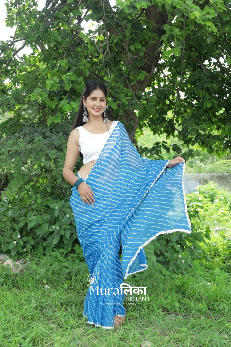 Aasmani Blue Hand dyed Chiffon Leheriya Saree - Muralika the label