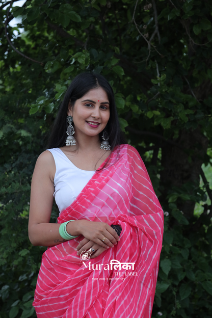 Rasbhari Pink Hand Dyed Chiffon Leheriya Saree