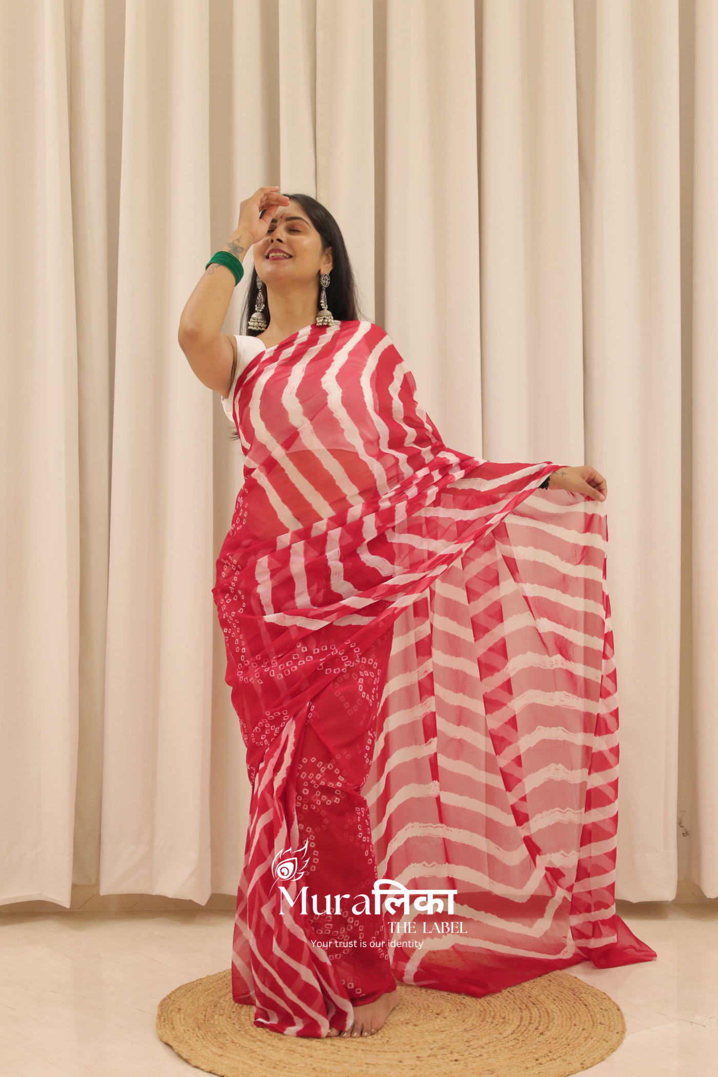 Tyohaar Red Hand Dyed Leheriya Bandhej Chiffon Saree