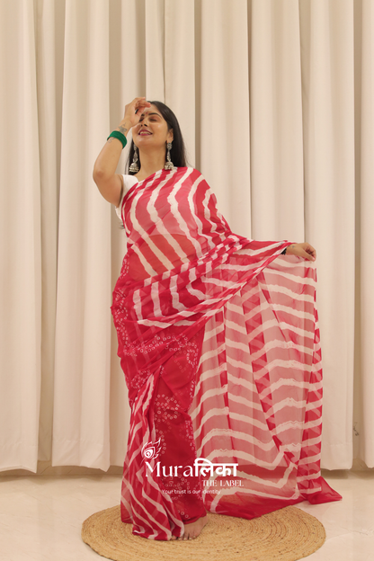 Tyohaar Red Hand Dyed Leheriya Bandhej Chiffon Saree