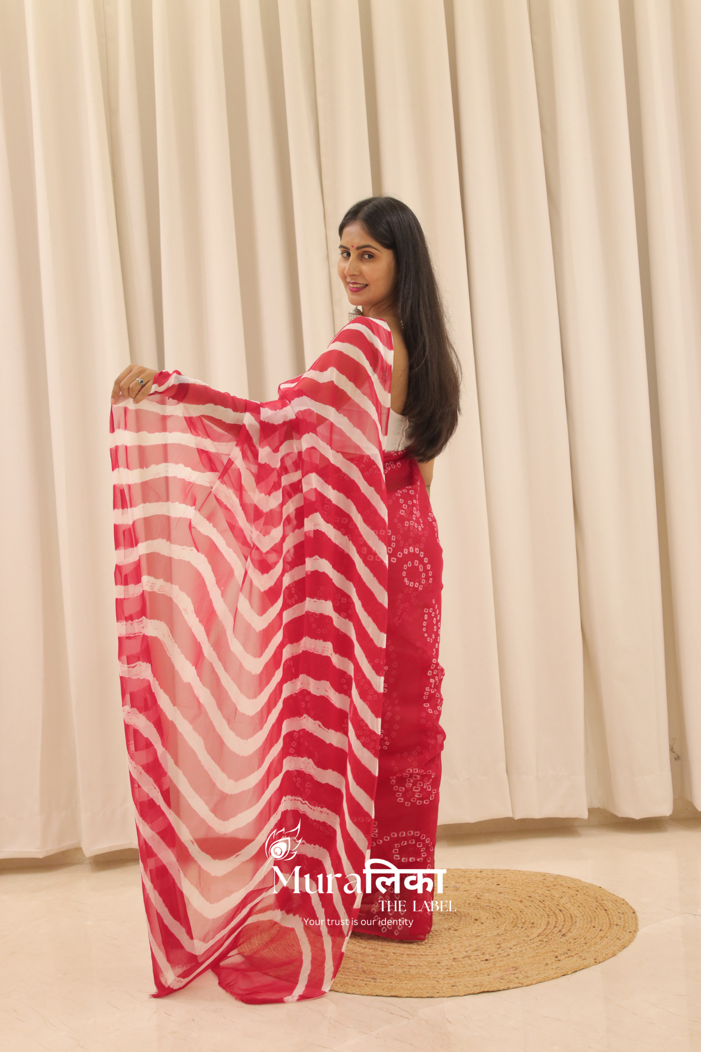 Tyohaar Red Hand Dyed Leheriya Bandhej Chiffon Saree