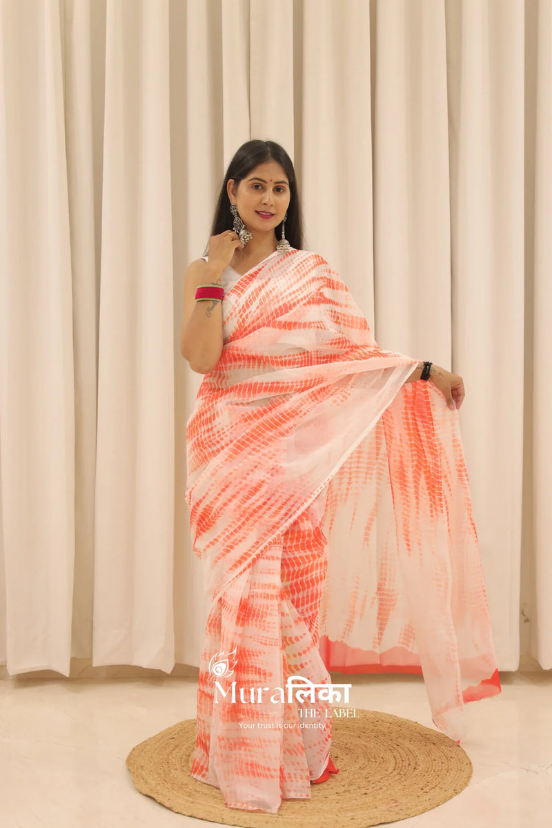 Naarangi Orange Hand Dyed Shibori Bandhej Chiffon Saree