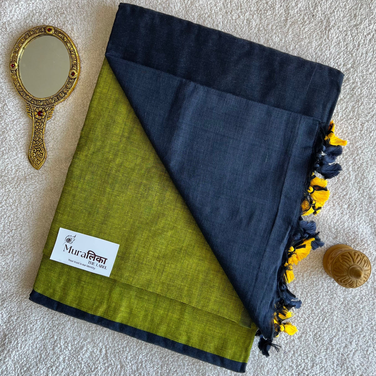 Muralika Lime & Grey Handloom Cotton Saree