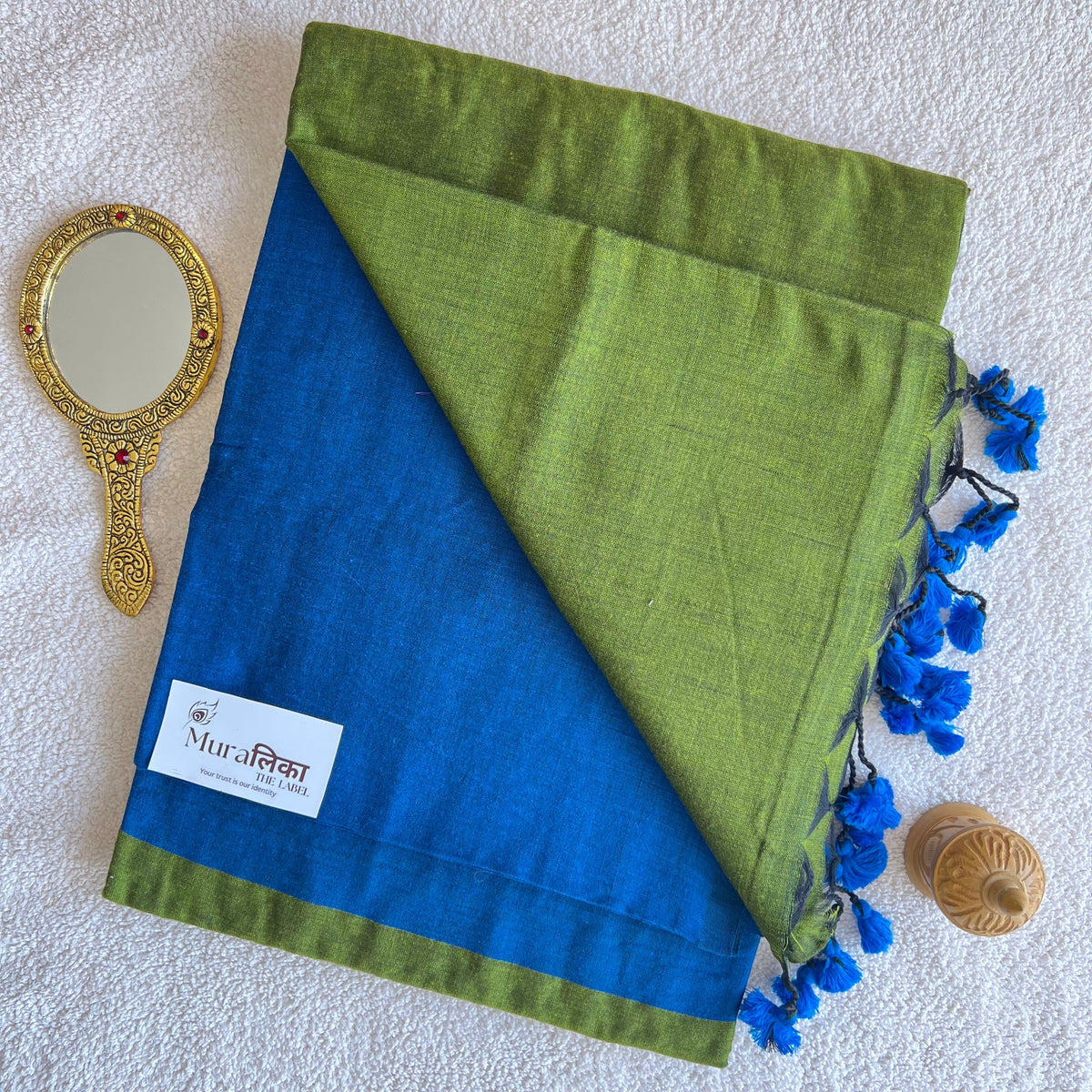 Muralika Blue & Mehendi Handloom Cotton Saree