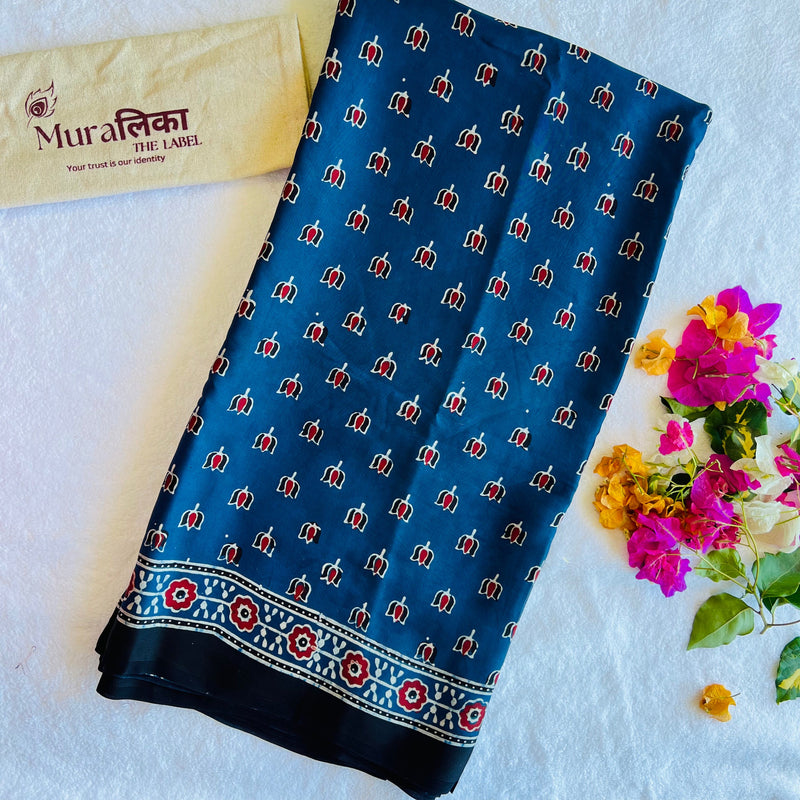 Neel Blue Buti Ajrakh Hand Block Printed Modal Silk Saree