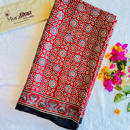 Sitara Red Geometric Ajrakh Hand Block Printed Modal Silk Saree