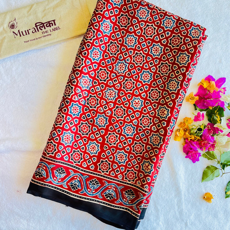 Sitara Red Geometric Ajrakh Hand Block Printed Modal Silk Saree