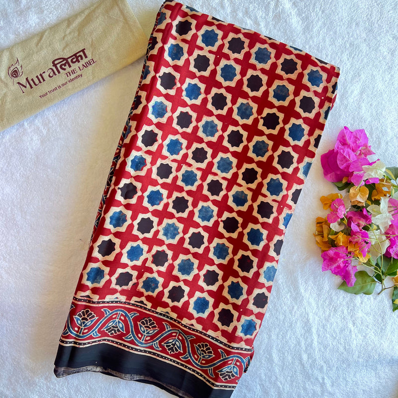 Ivory and Maroon Star Trellis Ajrakh Hand Block Printed Modal Silk Saree